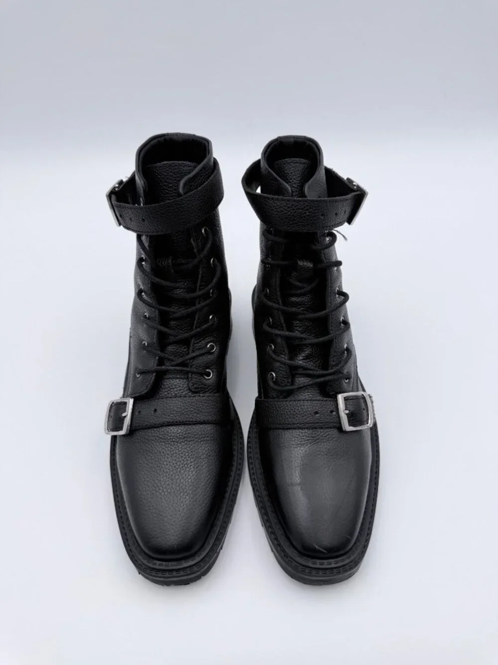 asos Womens Astrid Chunky Black Leather Lace-Up Combat Boots  Buckle Strap Sz 9